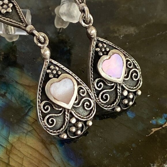 Sterling Silver 925 BOMA MOP Mother Of Pearl Oxidized Scrollwork Dangle Earrings - Picture 7 of 16